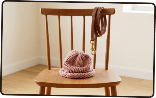 Knitted hat on a wooden chair with a dog leash